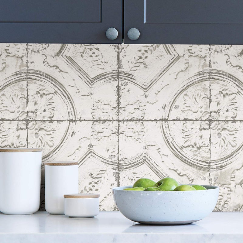 InHome NHS3711 Newport Tin Tile Peel Stick Wallpaper, White & Off-White - Image 3